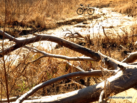 Picture of mountain bike on bank of creek wash meadow in Bastrop State Park, TX