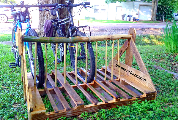 Picture of bike rack for parking bicycles made from wood pallet and bamboo