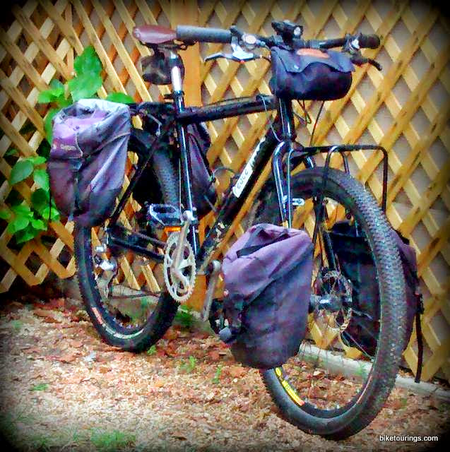Picture of front rack and panniers on mountain bike for touring