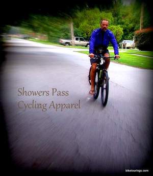 Picture of bicycle commuter with Showers Pass cycling jacket