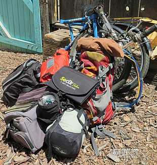 Picture of bikepacking gear and kit with Dahon folding bike for travel