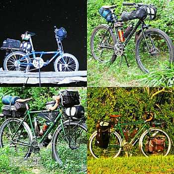 Picture of various bikepacking and bicycle touring gear packing methods