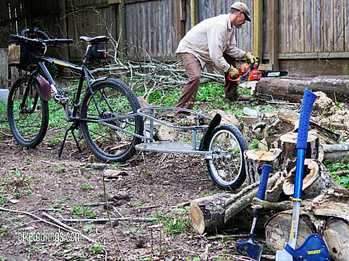 Picture mountain bike for touring and use of bicycle trailer for moving firewood
